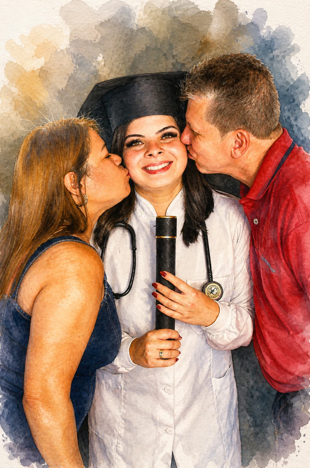 Signature Watercolor portrait made from doctor graduate being kissed by proud parents