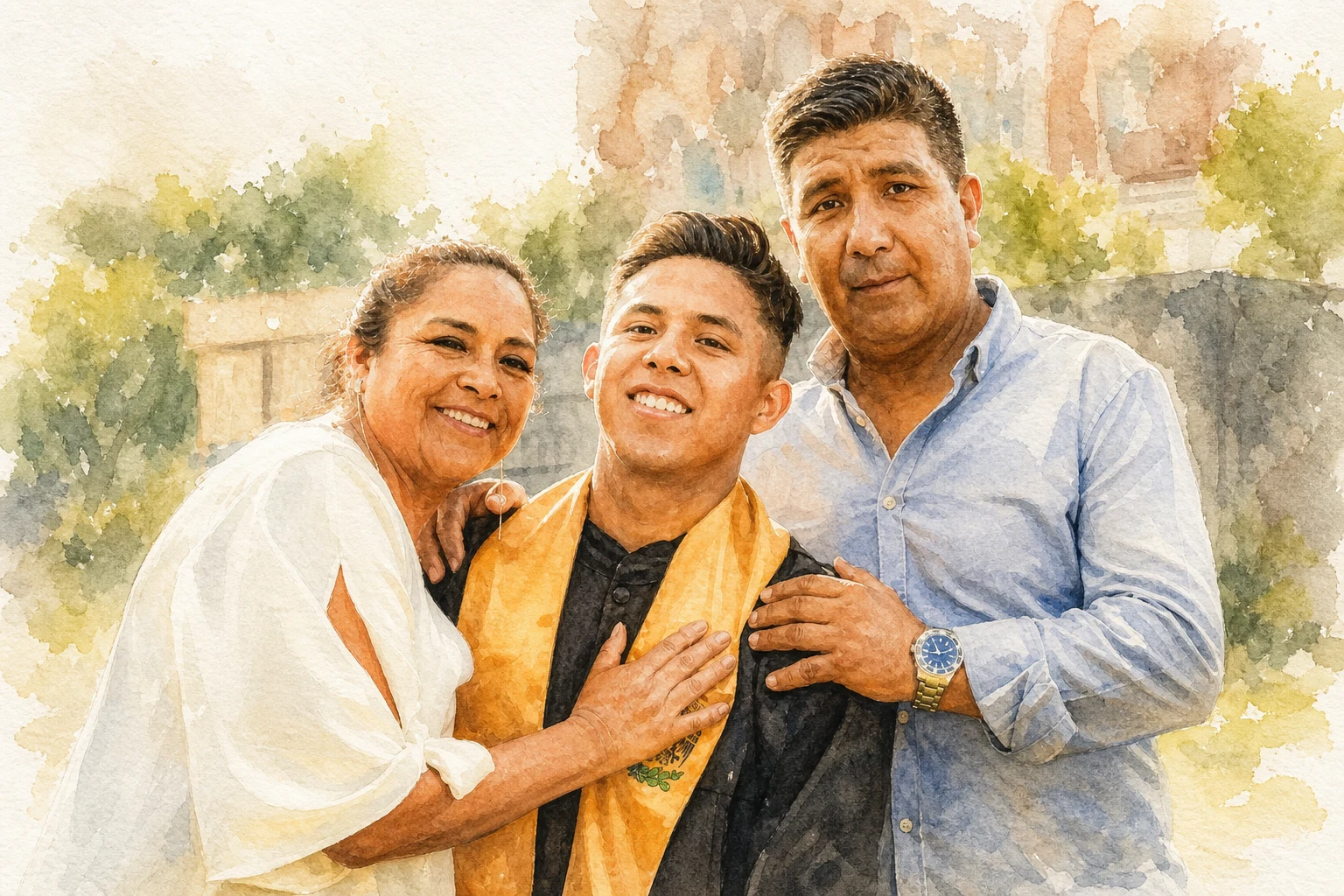 Signature Watercolor portrait made from graduate embraced by both parents