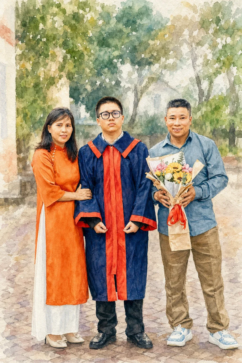 Signature Watercolor portrait made from high-school graduate celebrating with family