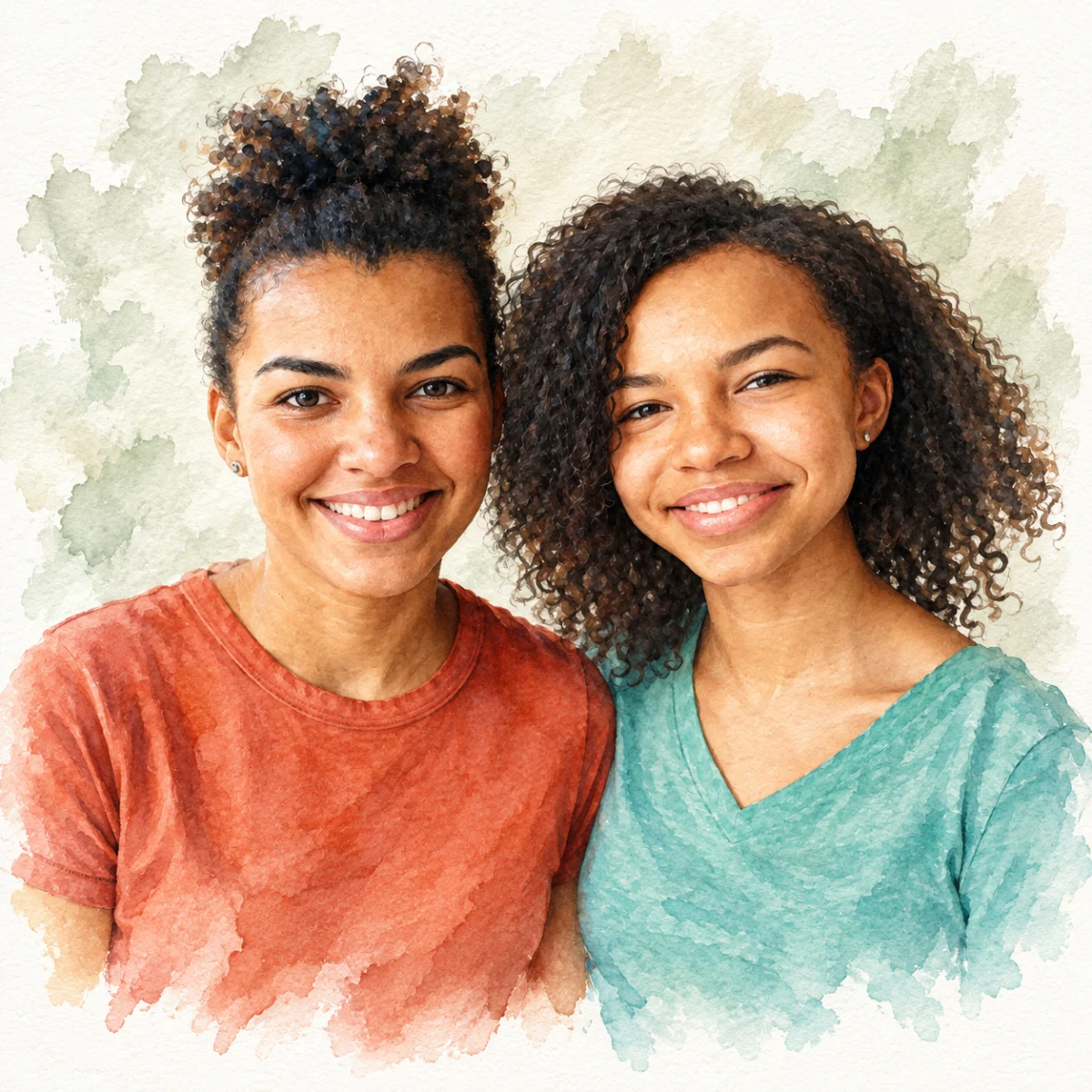 Signature Watercolor portrait made from mother and daughter smiling together at home
