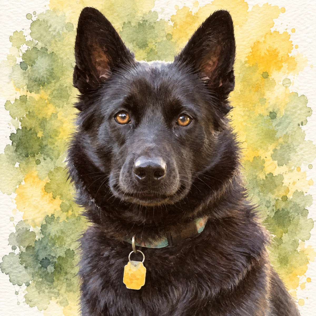 Watercolor portrait made from black dog sitting in a sunlit garden