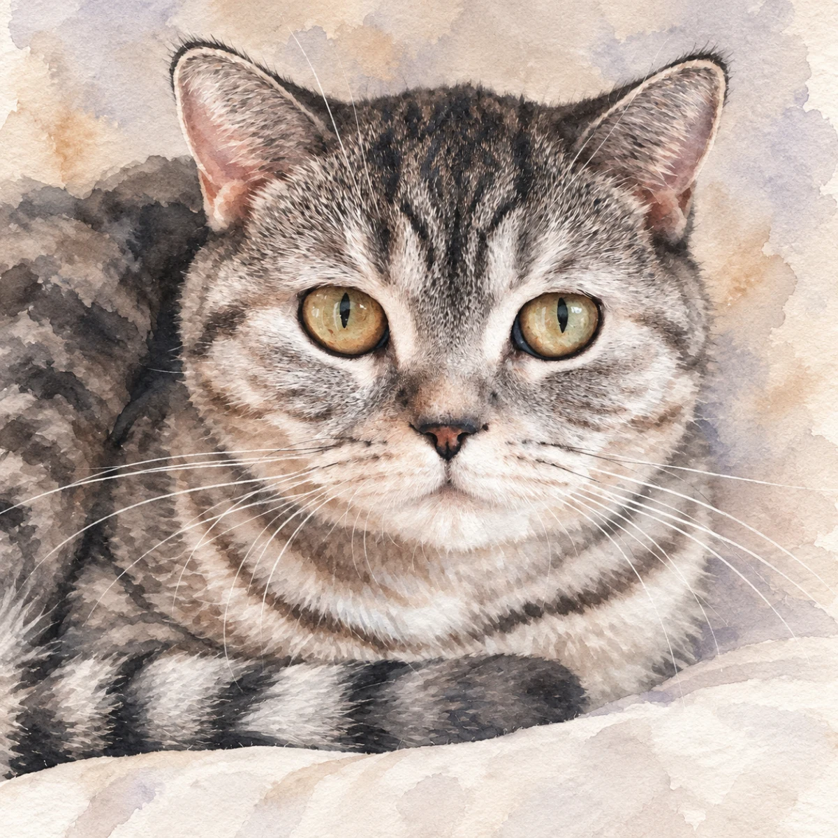 Signature Watercolor portrait made from tabby cat resting on a sofa at home