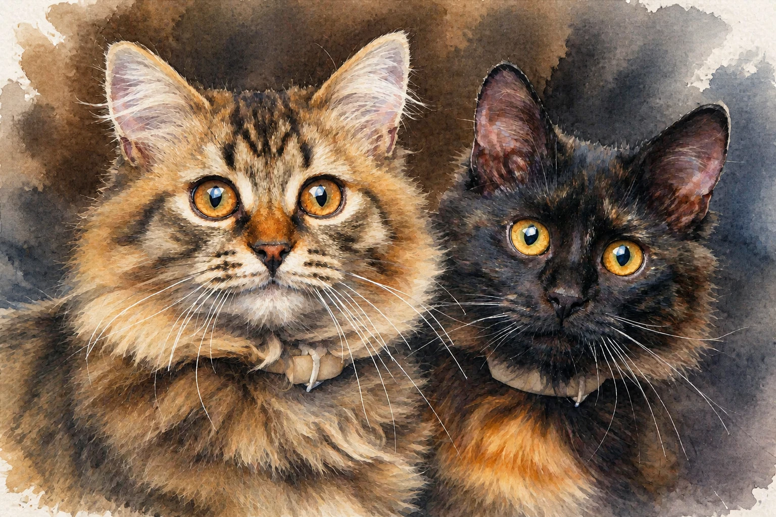 Signature Watercolor portrait made from two fluffy cats in a close portrait