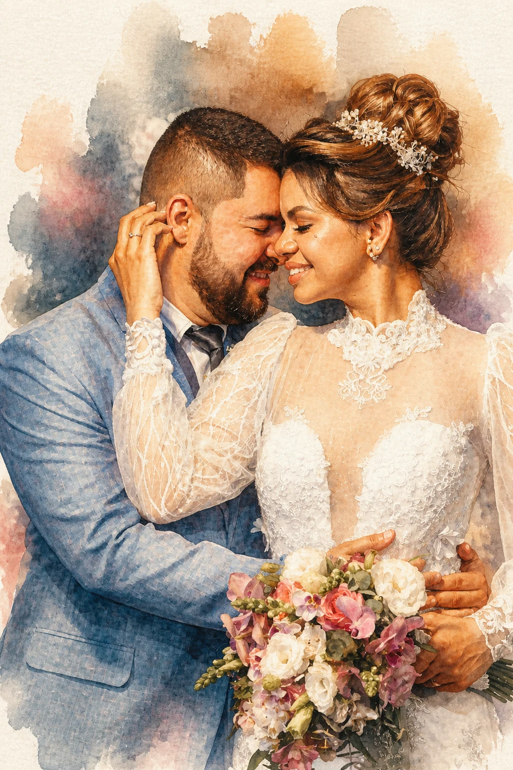 Signature Watercolor portrait made from newlywed couple sharing an intimate moment