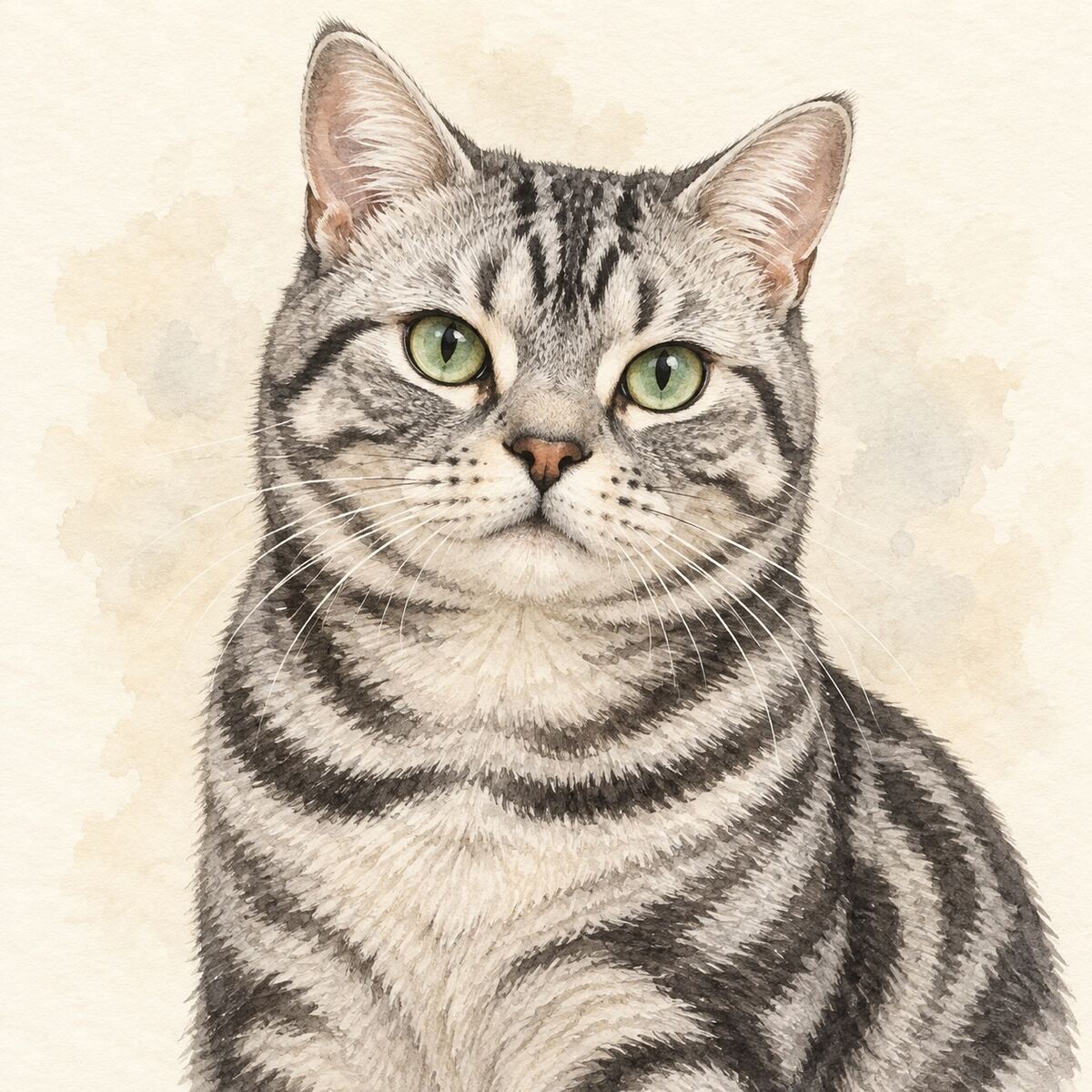 Illustrative watercolor portrait of a American Shorthair