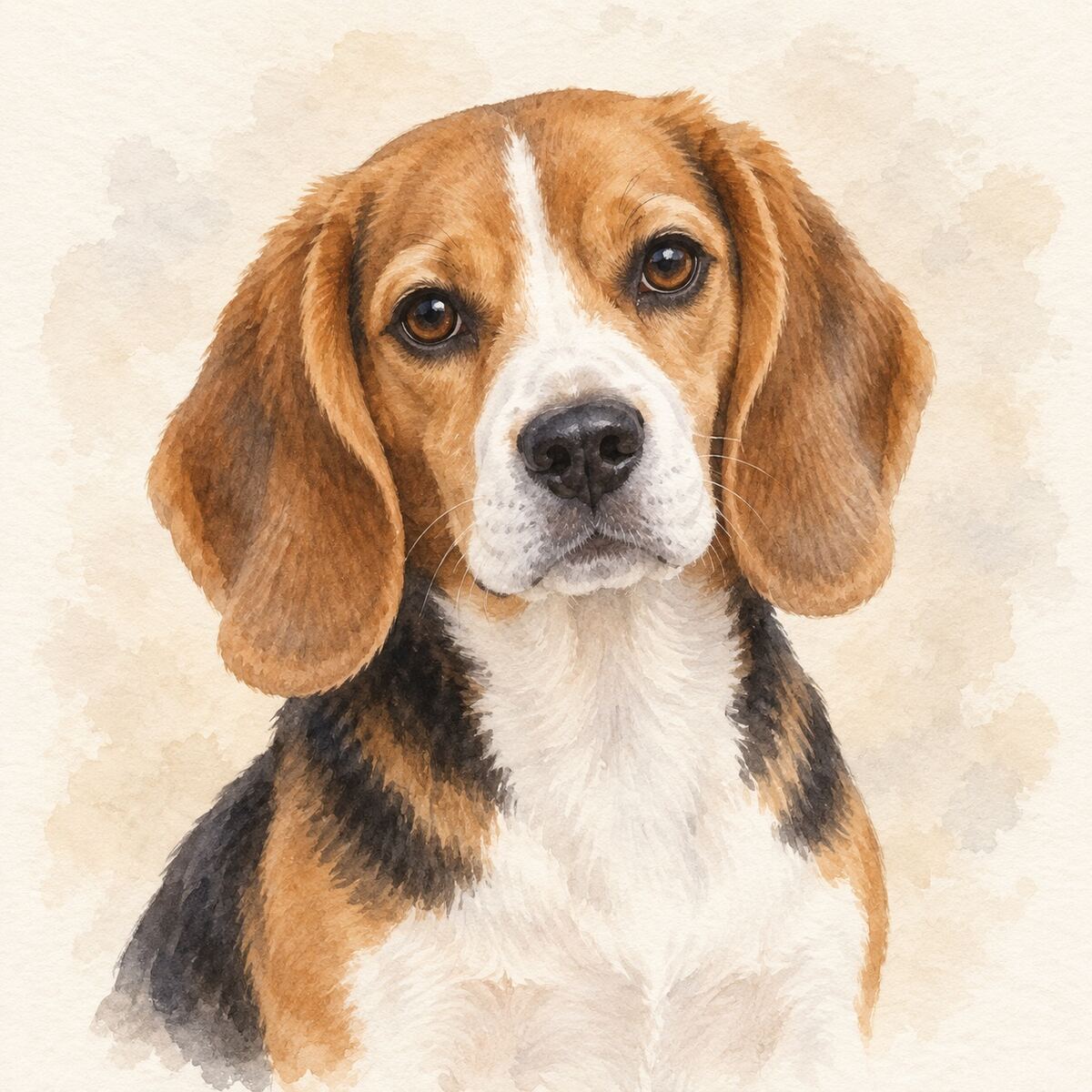 Illustrative watercolor portrait of a Beagle