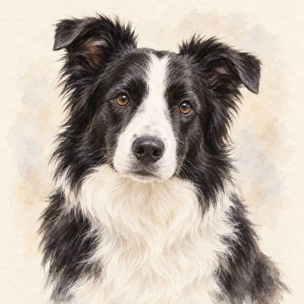 Illustrative watercolor portrait of a Border Collie
