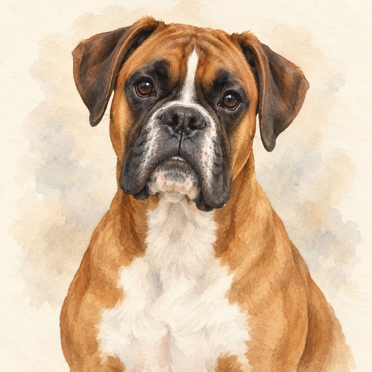 Illustrative watercolor portrait of a Boxer