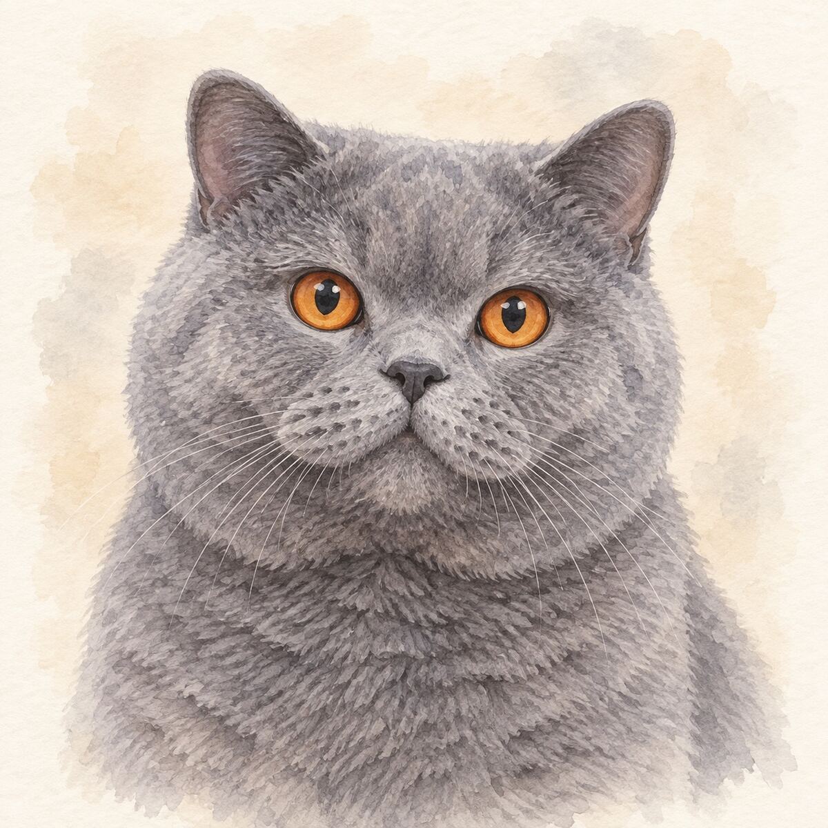 Illustrative watercolor portrait of a British Shorthair