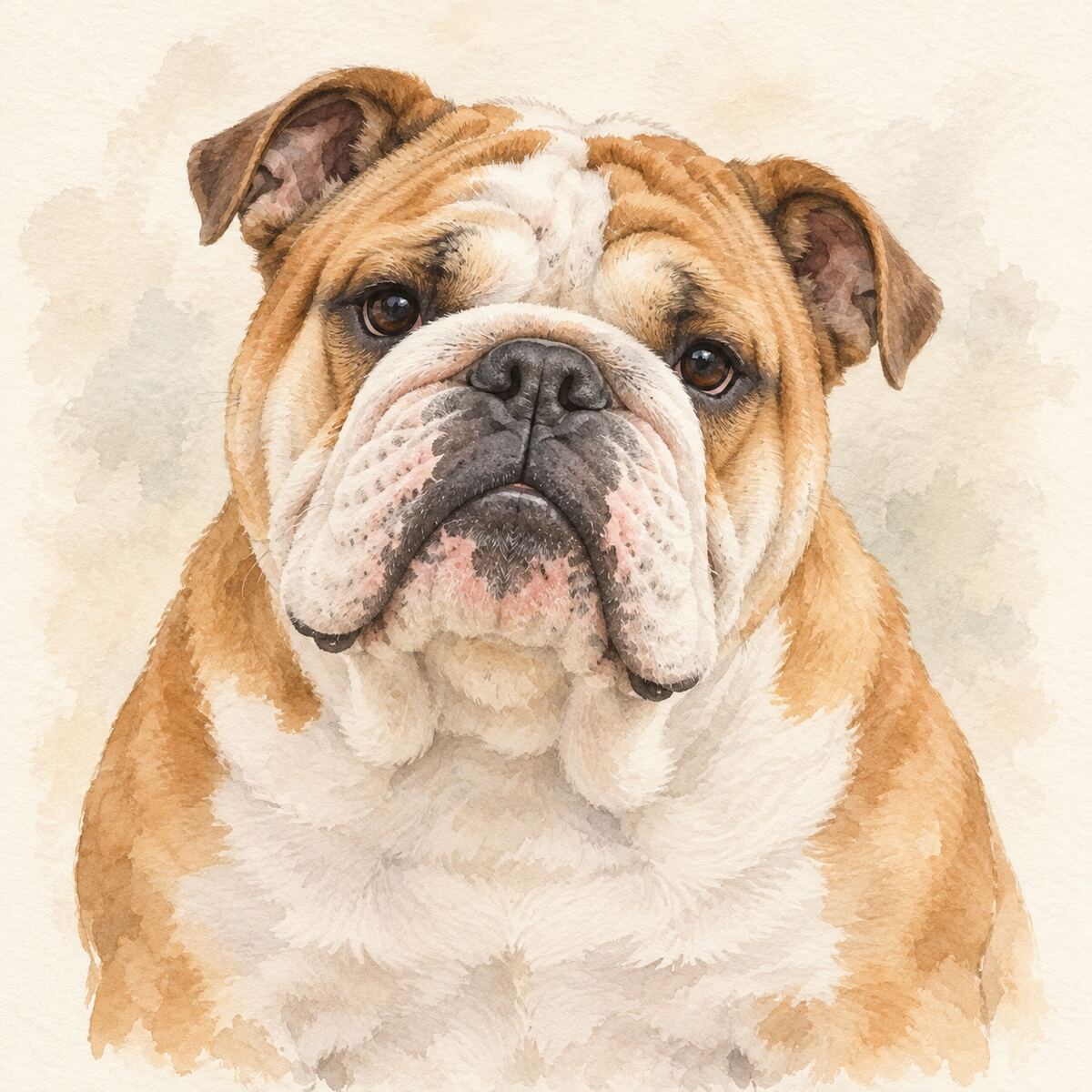 Illustrative watercolor portrait of a Bulldog