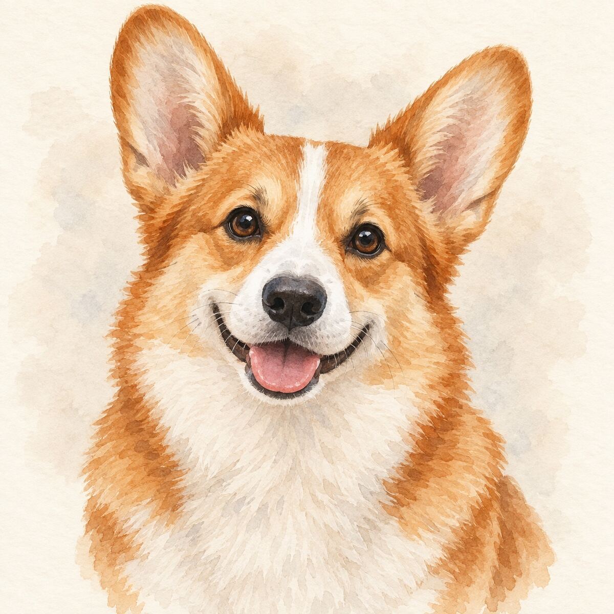Illustrative watercolor portrait of a Corgi
