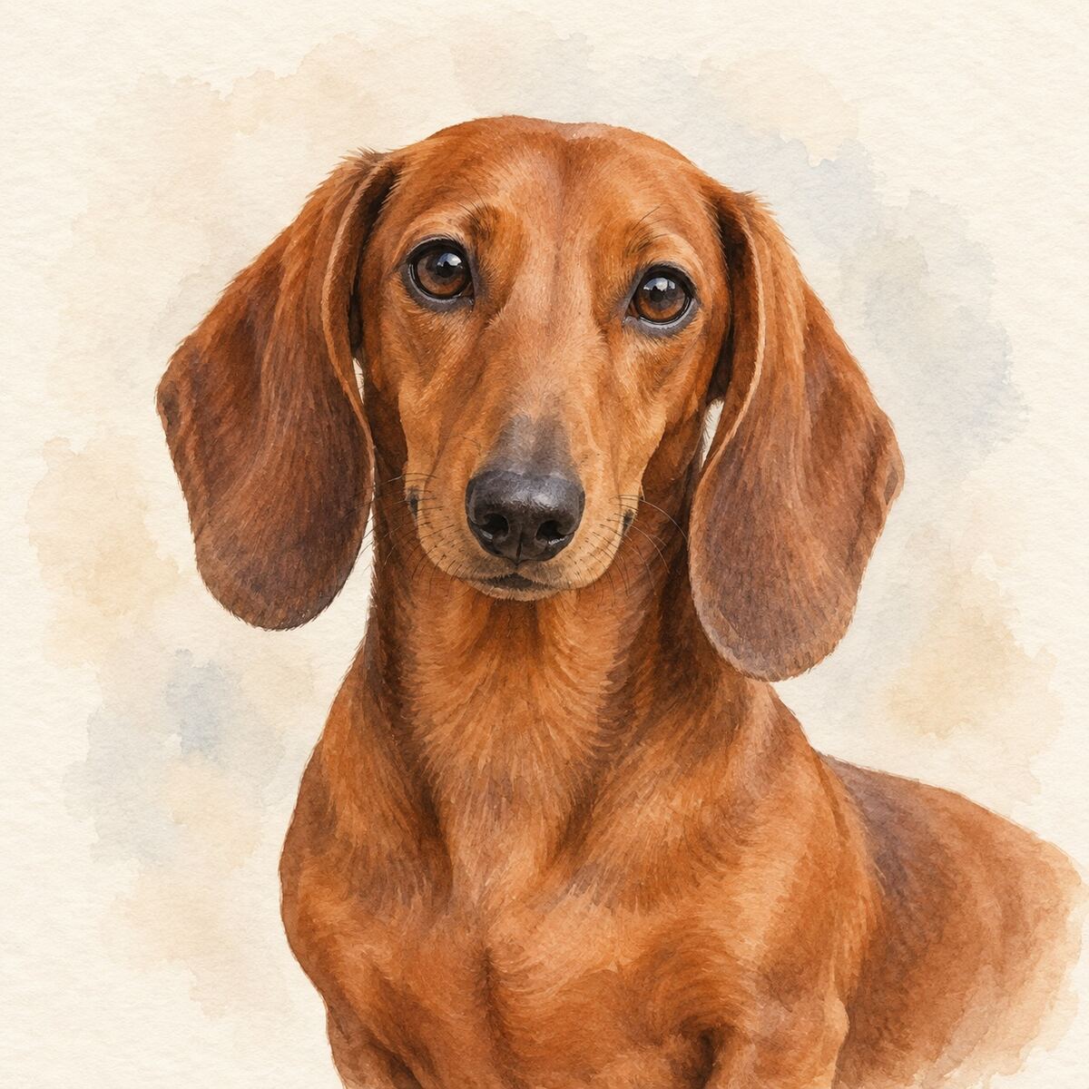 Illustrative watercolor portrait of a Dachshund