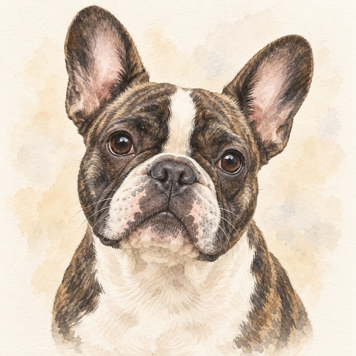 Illustrative watercolor portrait of a French Bulldog