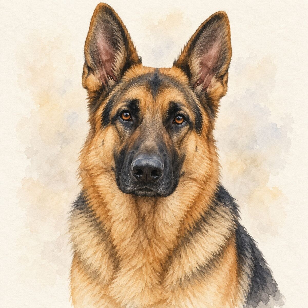 Illustrative watercolor portrait of a German Shepherd