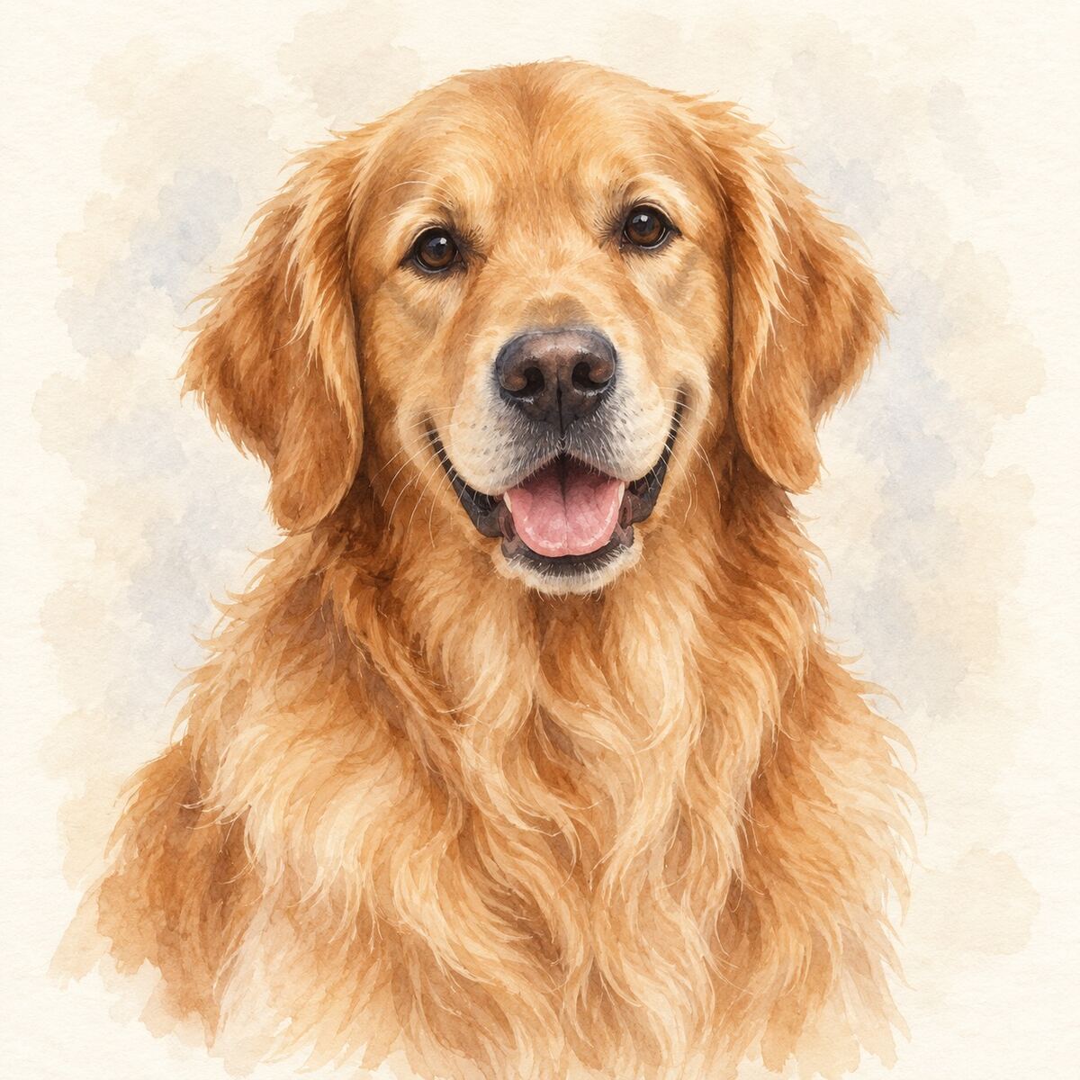 Illustrative watercolor portrait of a Golden Retriever