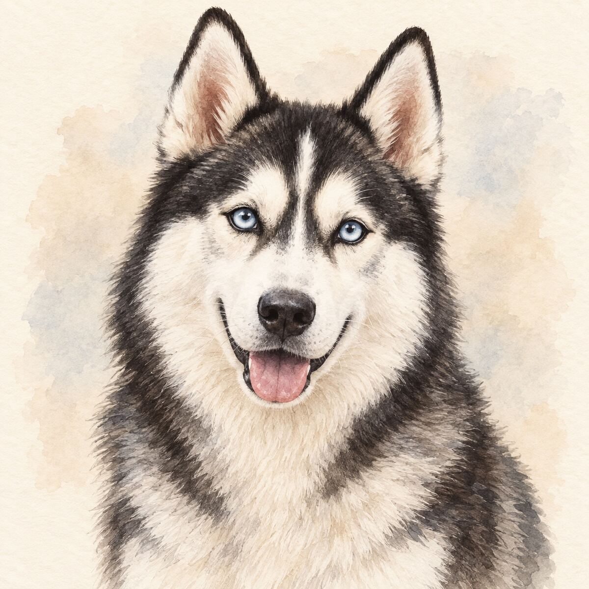 Illustrative watercolor portrait of a Siberian Husky