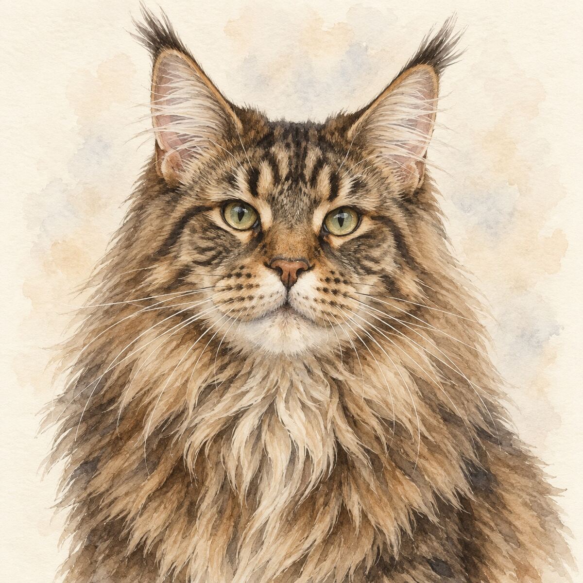 Illustrative watercolor portrait of a Maine Coon