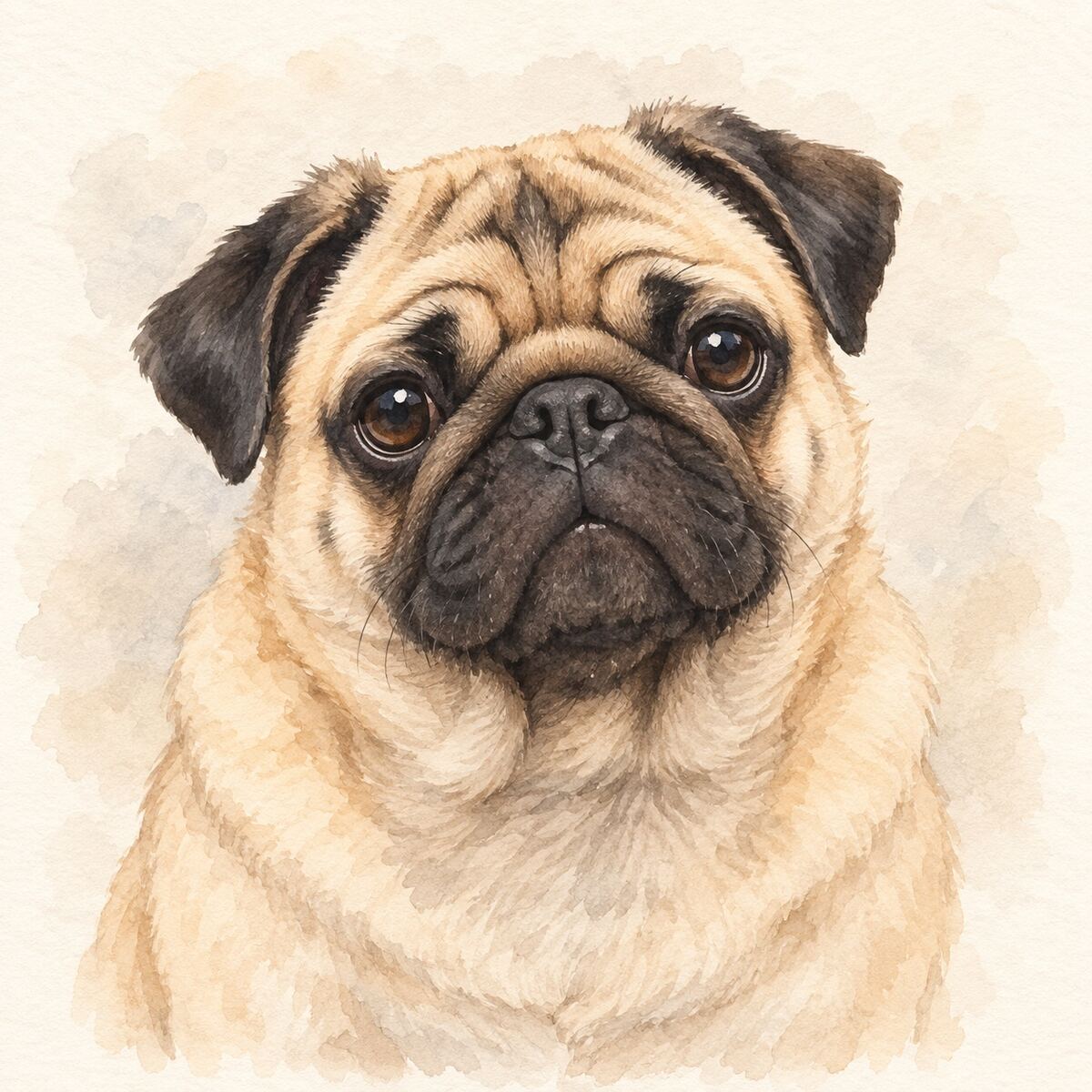 Illustrative watercolor portrait of a Pug