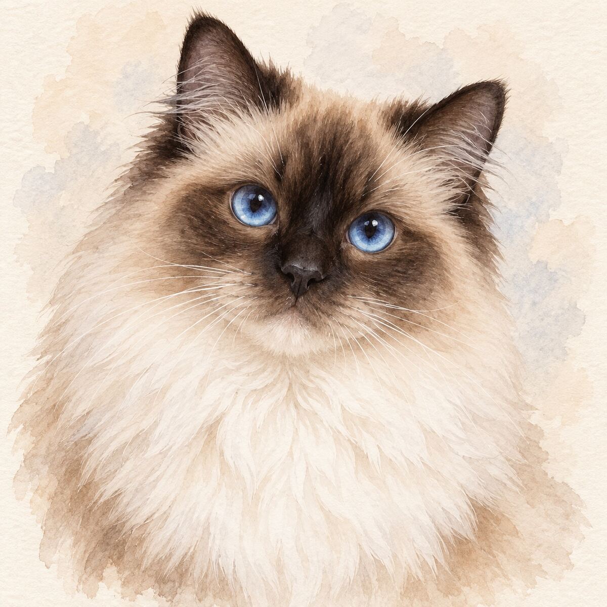 Illustrative watercolor portrait of a Ragdoll