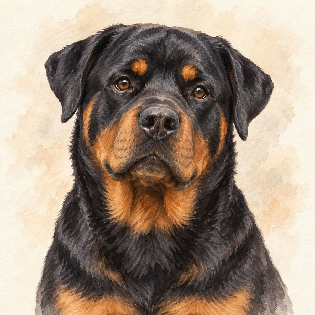 Illustrative watercolor portrait of a Rottweiler