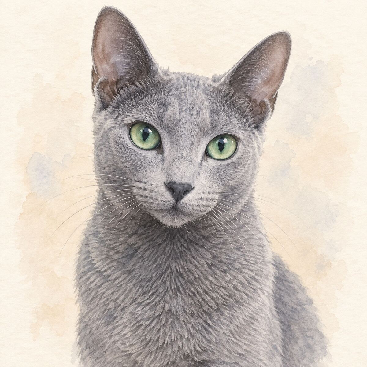 Illustrative watercolor portrait of a Russian Blue