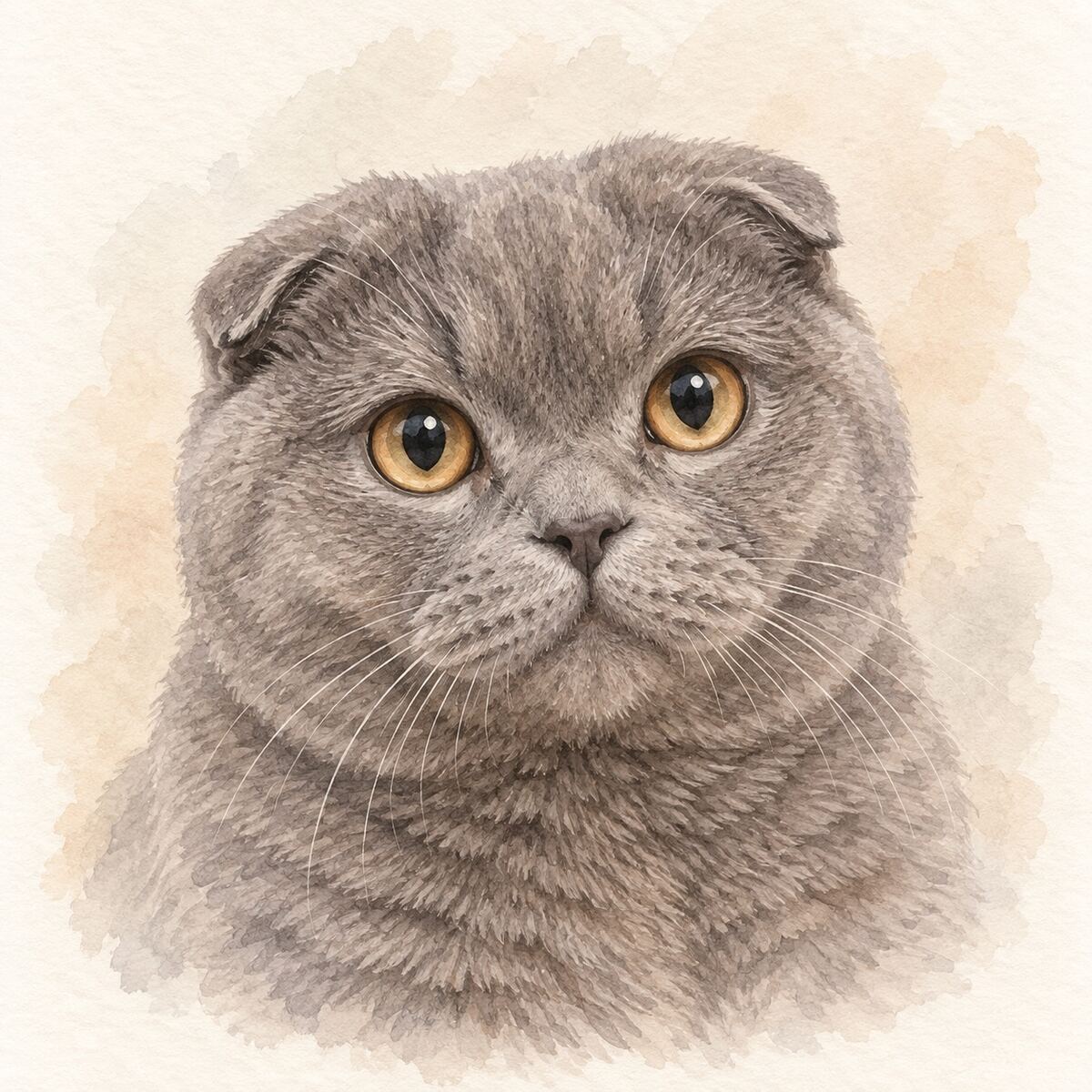 Illustrative watercolor portrait of a Scottish Fold