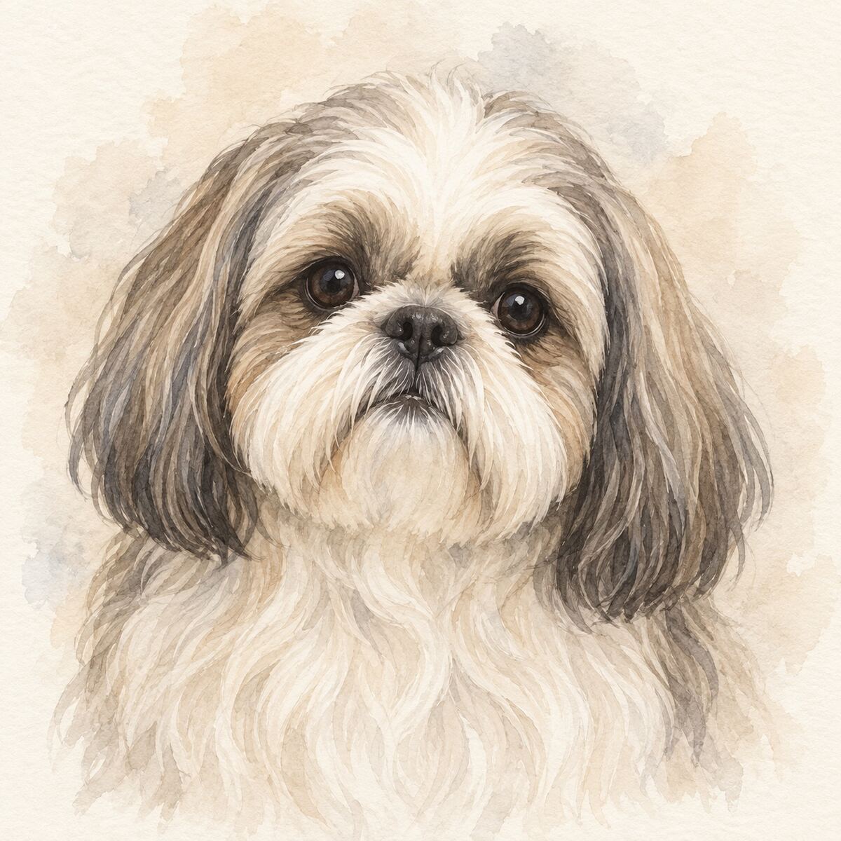 Illustrative watercolor portrait of a Shih Tzu