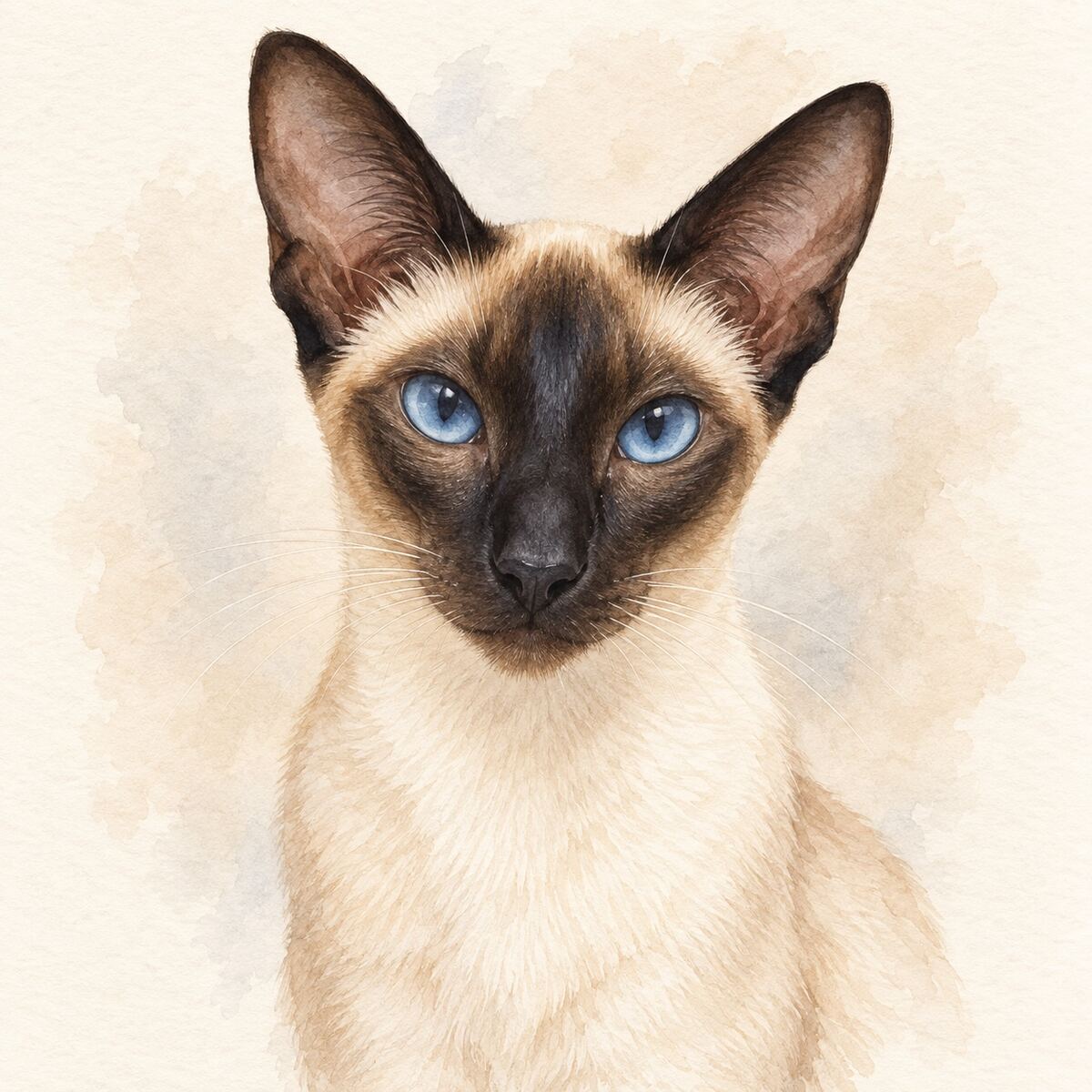 Illustrative watercolor portrait of a Siamese