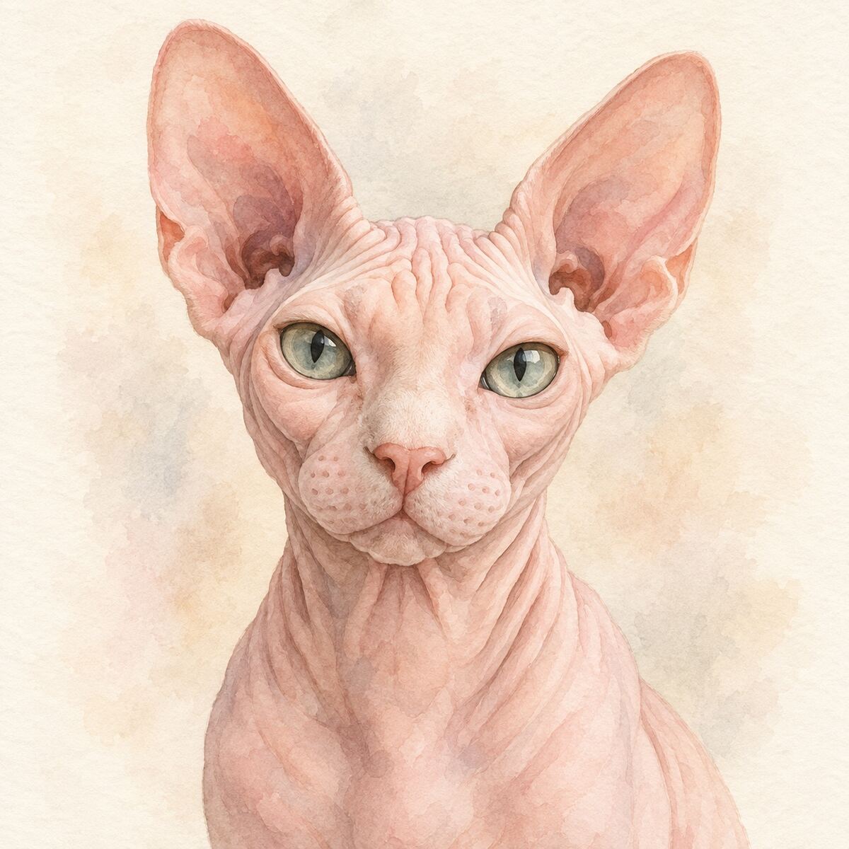 Illustrative watercolor portrait of a Sphynx
