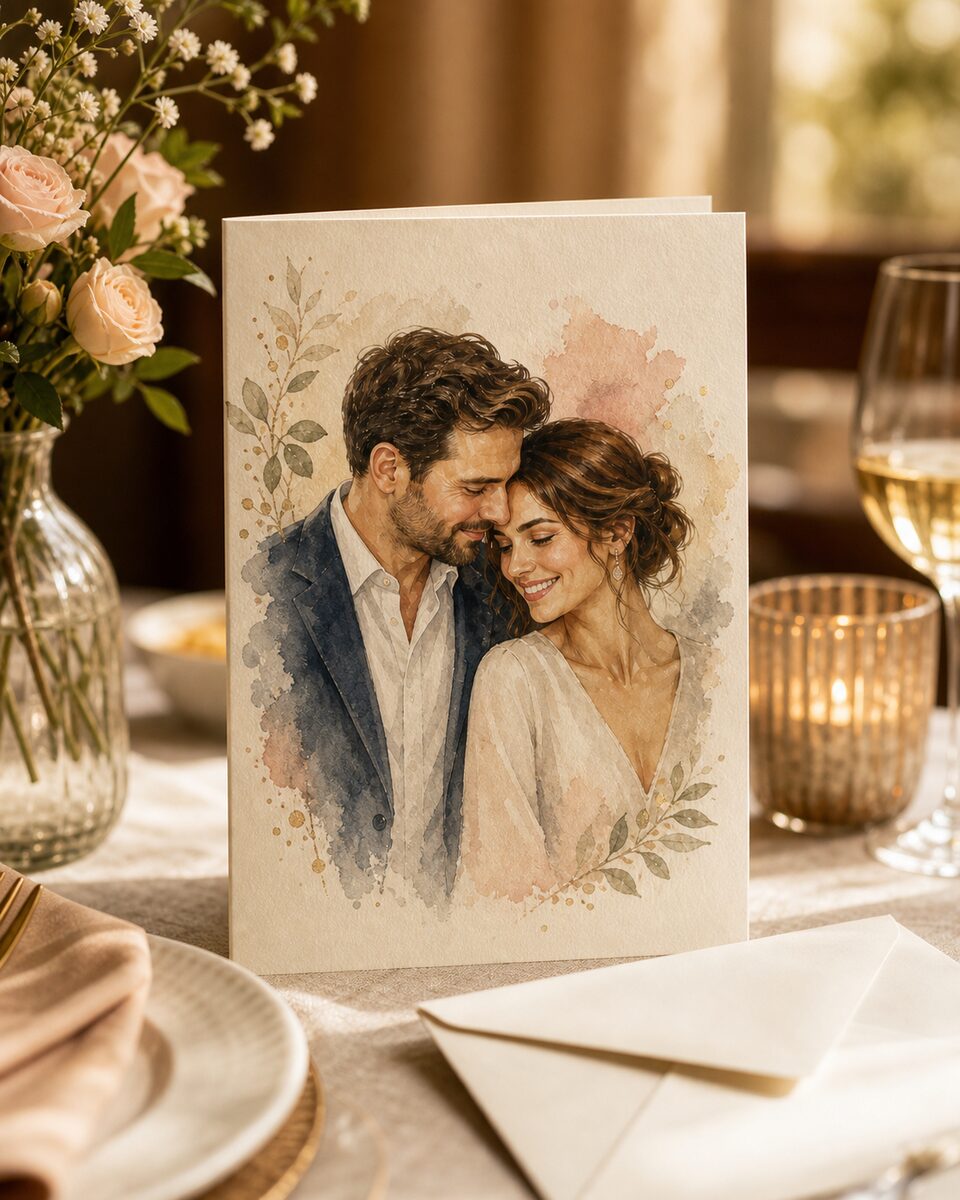 Watercolor couple portrait greeting card