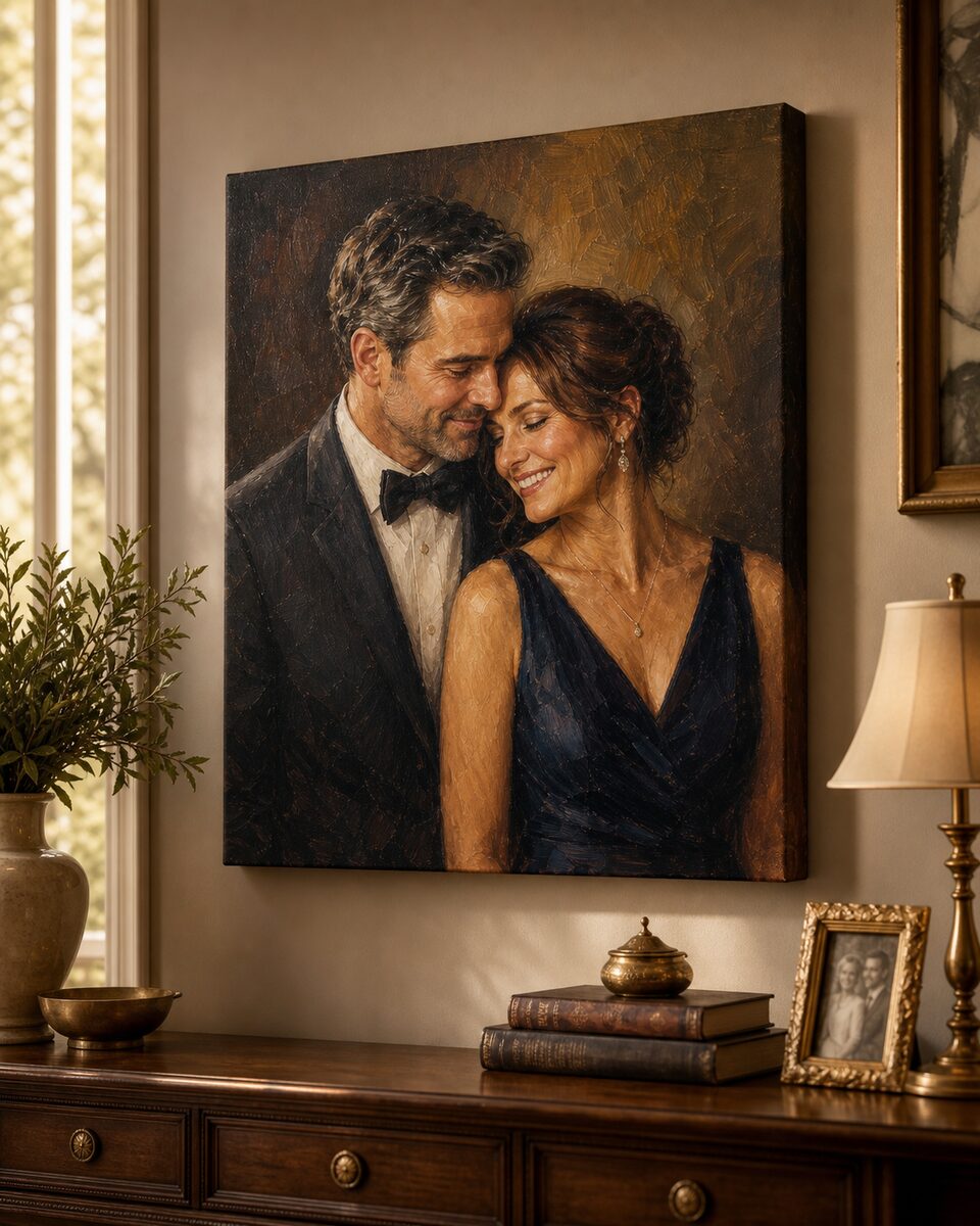 An oil painting anniversary couple portrait on canvas