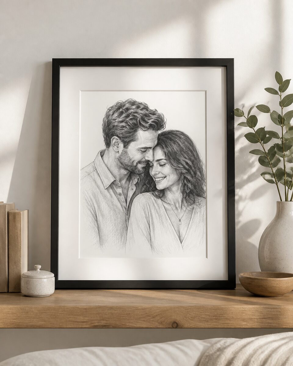 Pencil sketch couple portrait in 8x10 frame