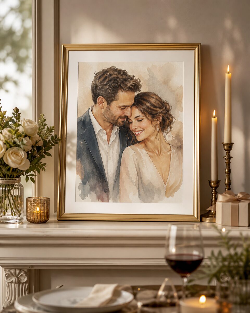 A framed watercolor couple's portrait for an anniversary