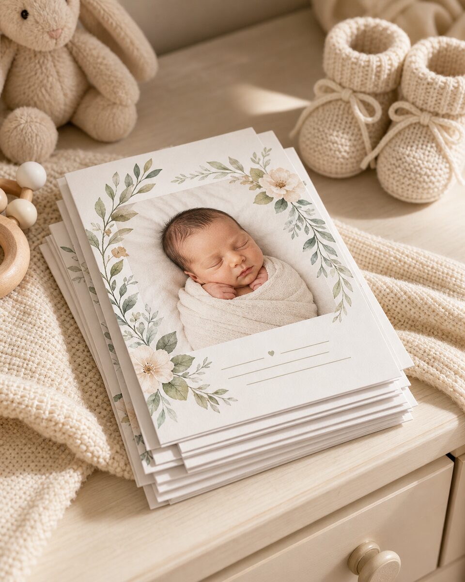 A folded baby announcement card with newborn photo and watercolor design