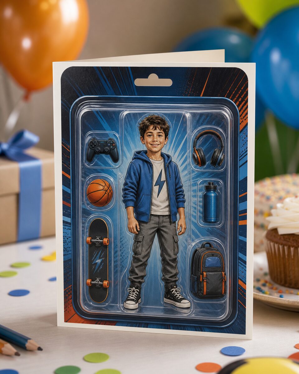 Action figure blister-pack style portrait rendering — the birthday card style