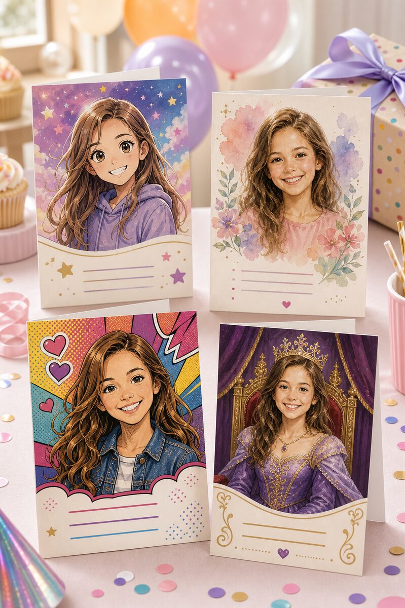 An anime-style birthday card designed for a 10-year-old girl