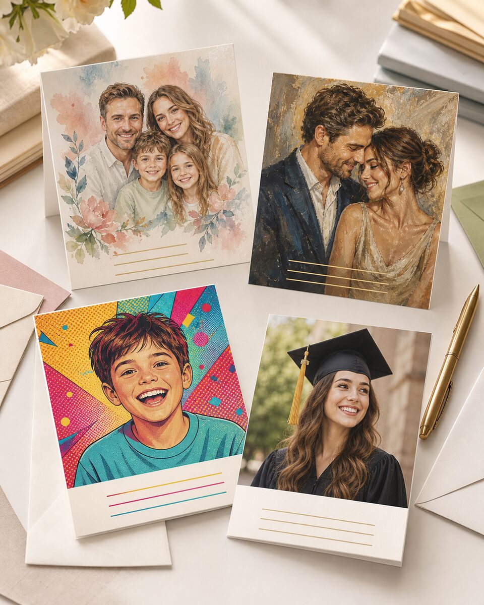 A spread of personalized photo cards on a desk, with envelopes