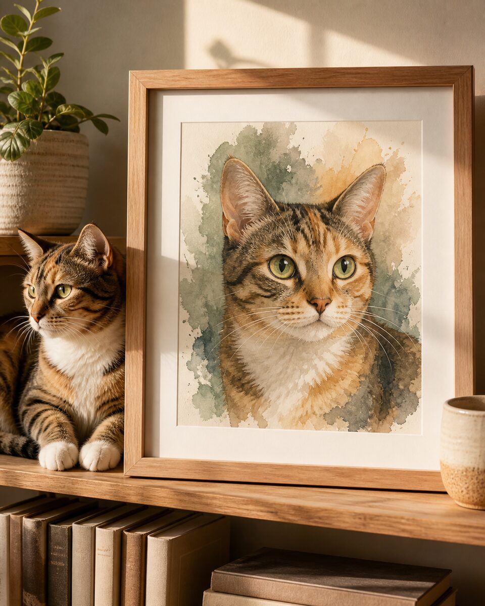 An oil painting style portrait of a cat hanging as wall art