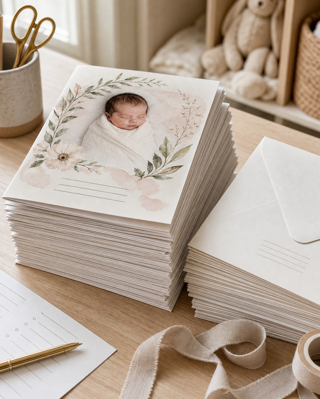 Stack of bulk baby announcement cards in watercolor style