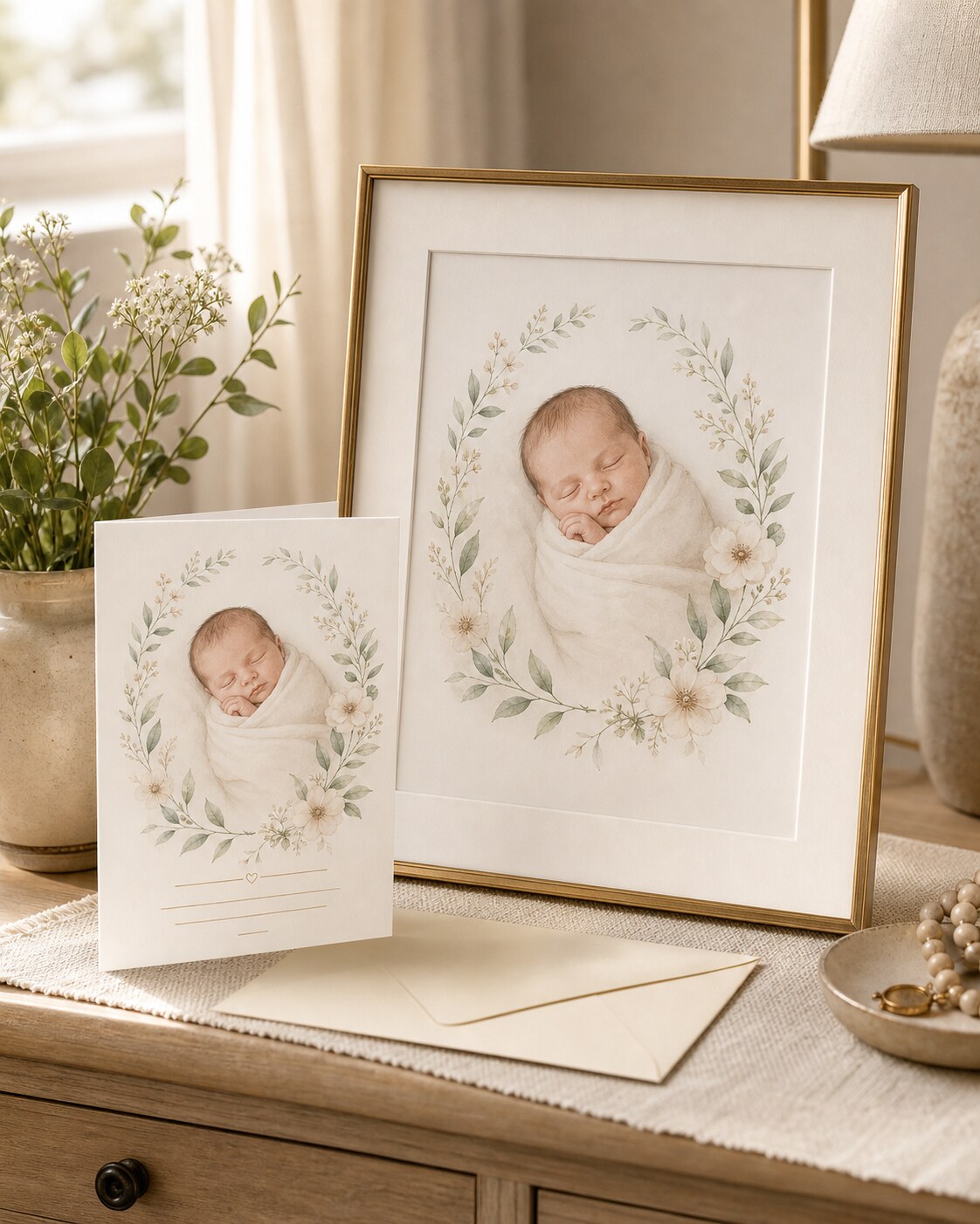 Baby announcement card paired with framed 8x10 newborn print