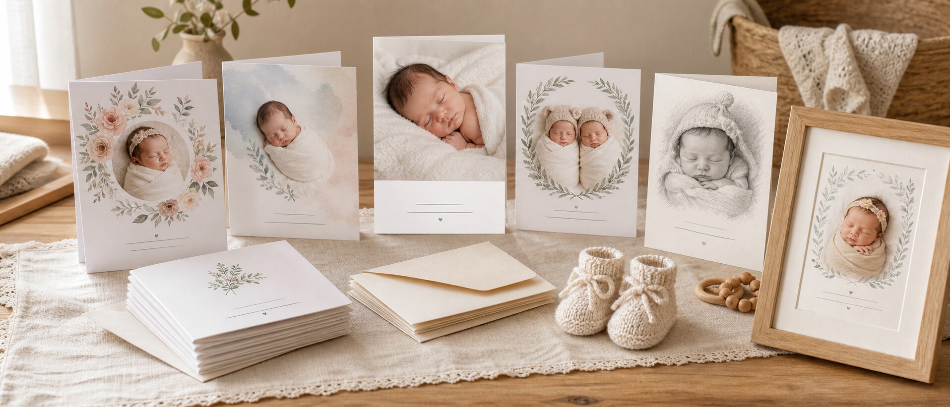 A baby announcement card with newborn photo and watercolor design