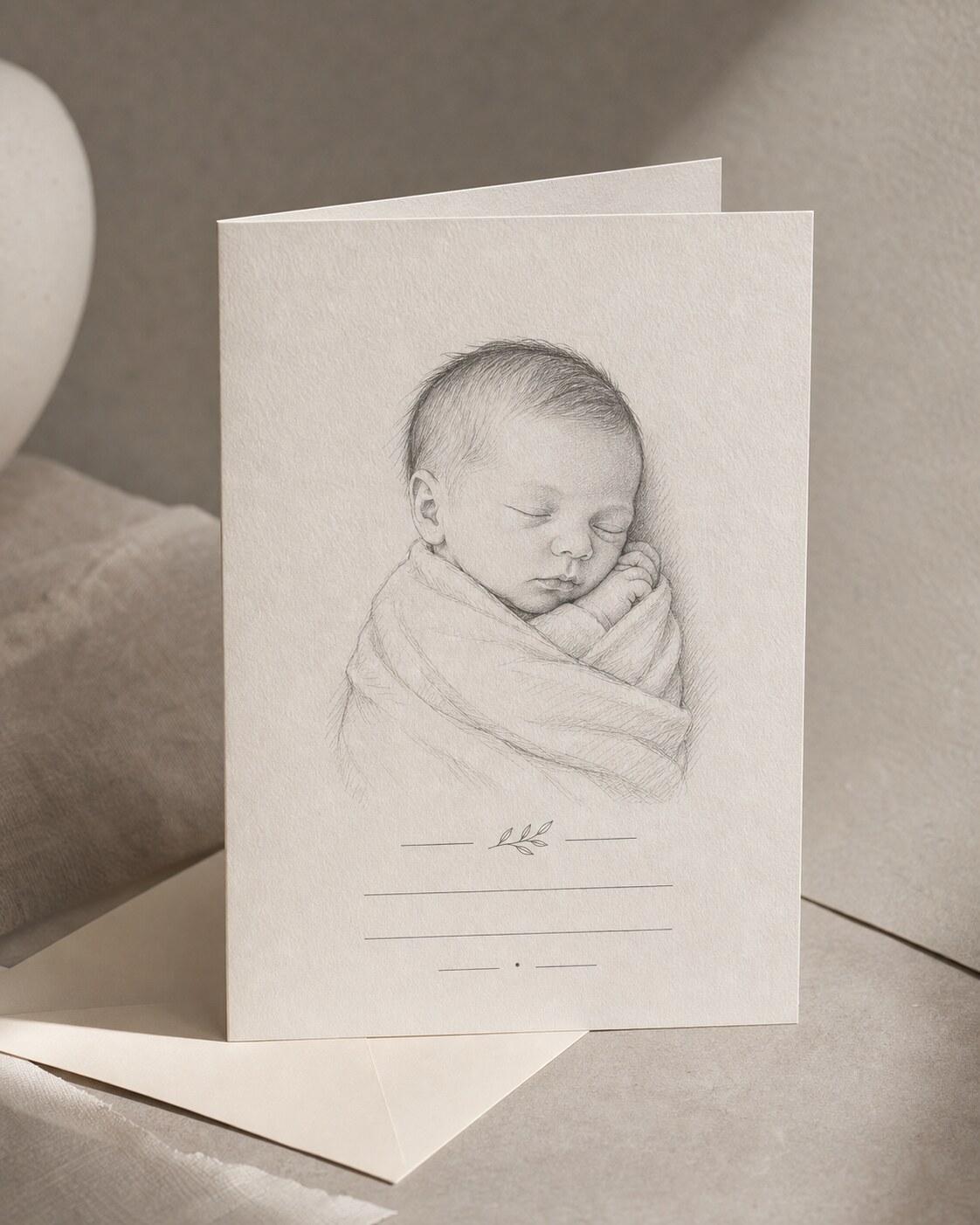 Pencil sketch baby announcement with clean graphite work and minimalist aesthetic