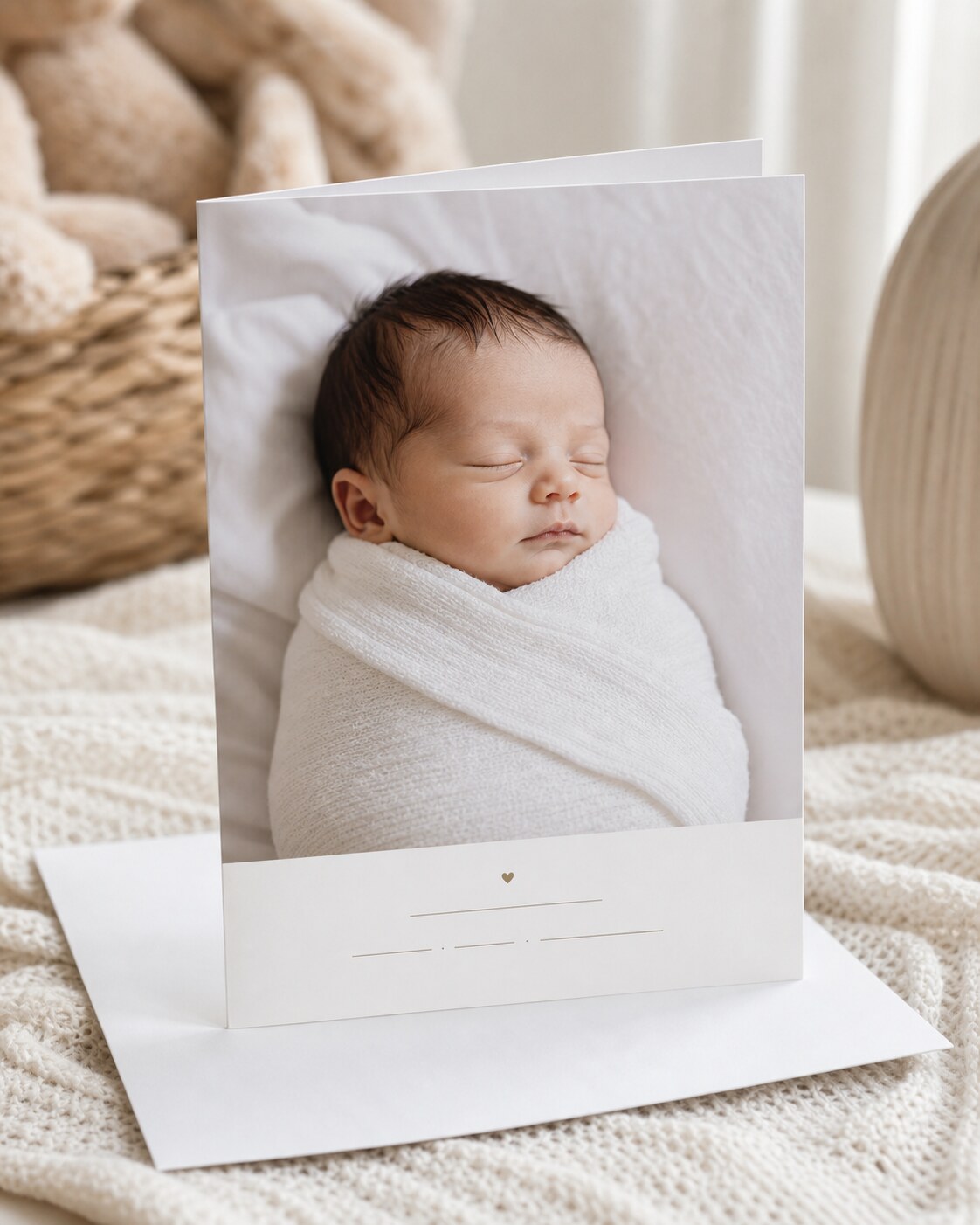 Photorealistic baby announcement with literal newborn photo full-bleed