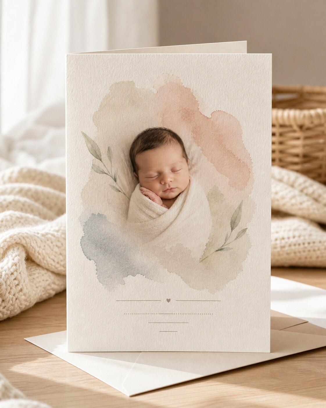 Watercolor baby announcement with soft pigment wash around newborn