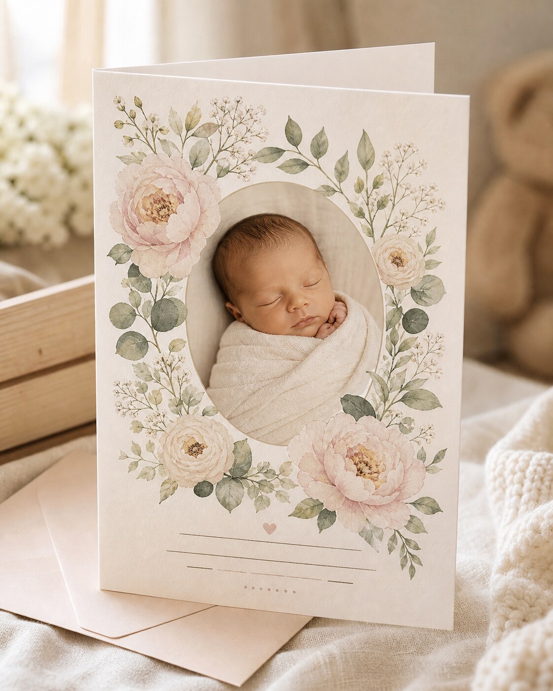 Modern vintage botanical baby announcement with peonies and ranunculus around newborn photo