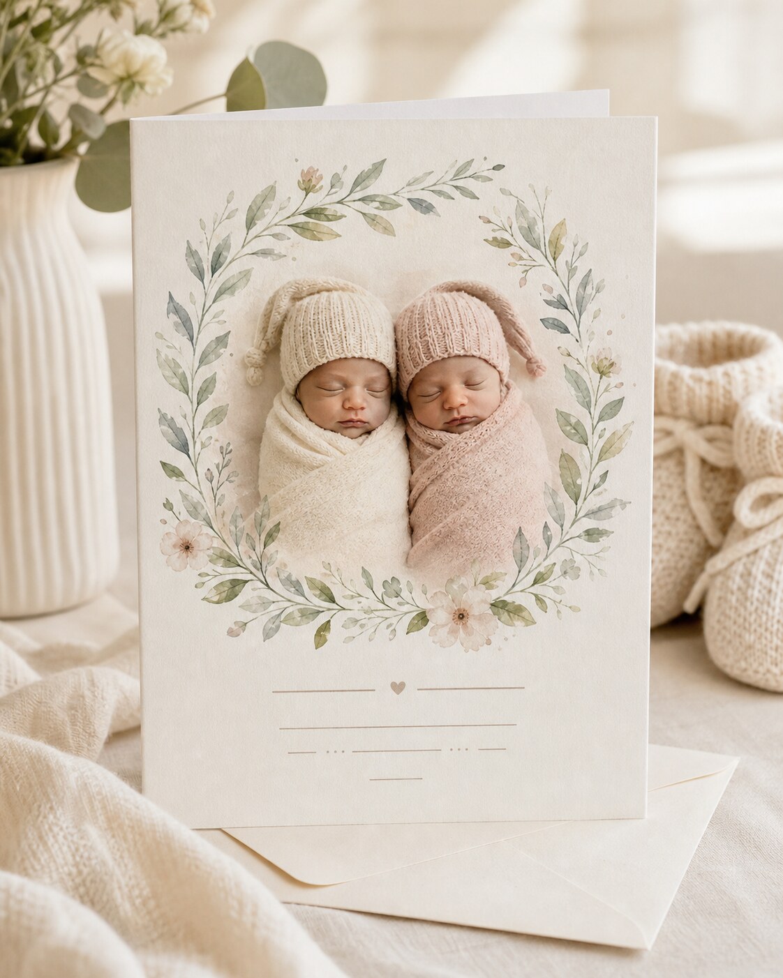 Modern vintage botanical announcement card for twins or multiples