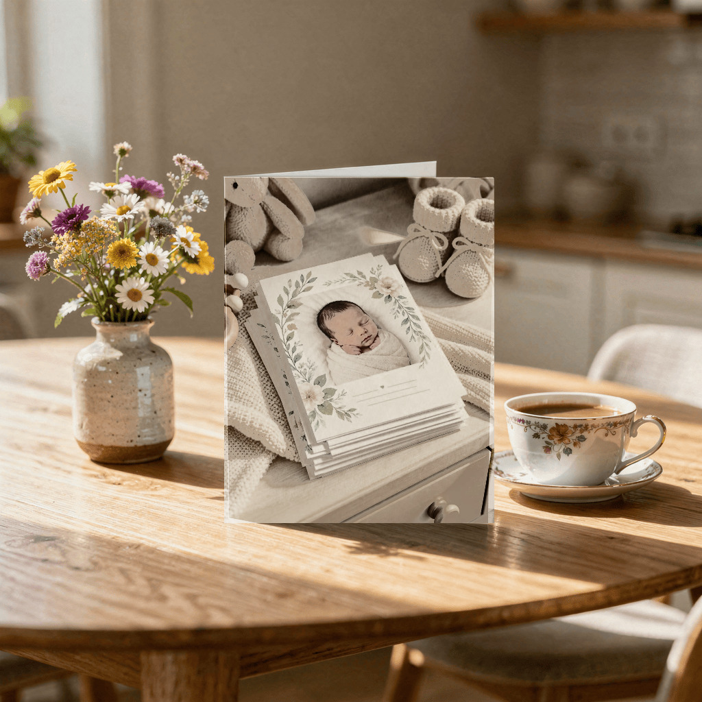 The literal newborn photo — color-corrected, sharpened, full-bleed.