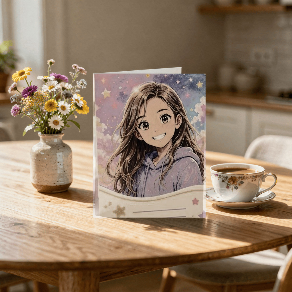 Anime style birthday portrait card mockup