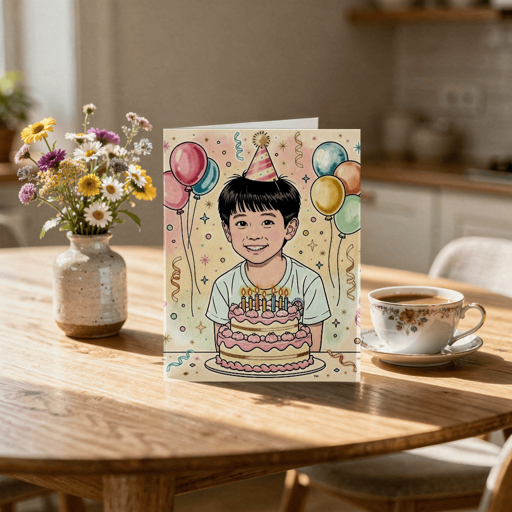 A folded birthday card with a caricature portrait of the birthday person on the front
