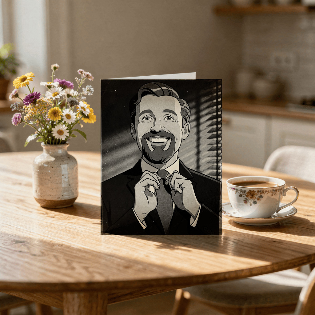 Vintage film noir photo greeting card in black and white with dramatic lighting